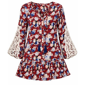Kori America Red Floral Boho Tunic Shirt Crocheted Long Sleeves